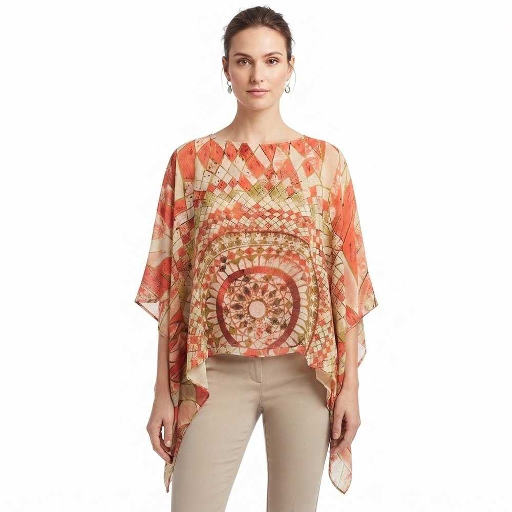 Unique Spectrum Blouse Women Plus 18/20 Poncho Top Orange Green Mosaic Mandala‎